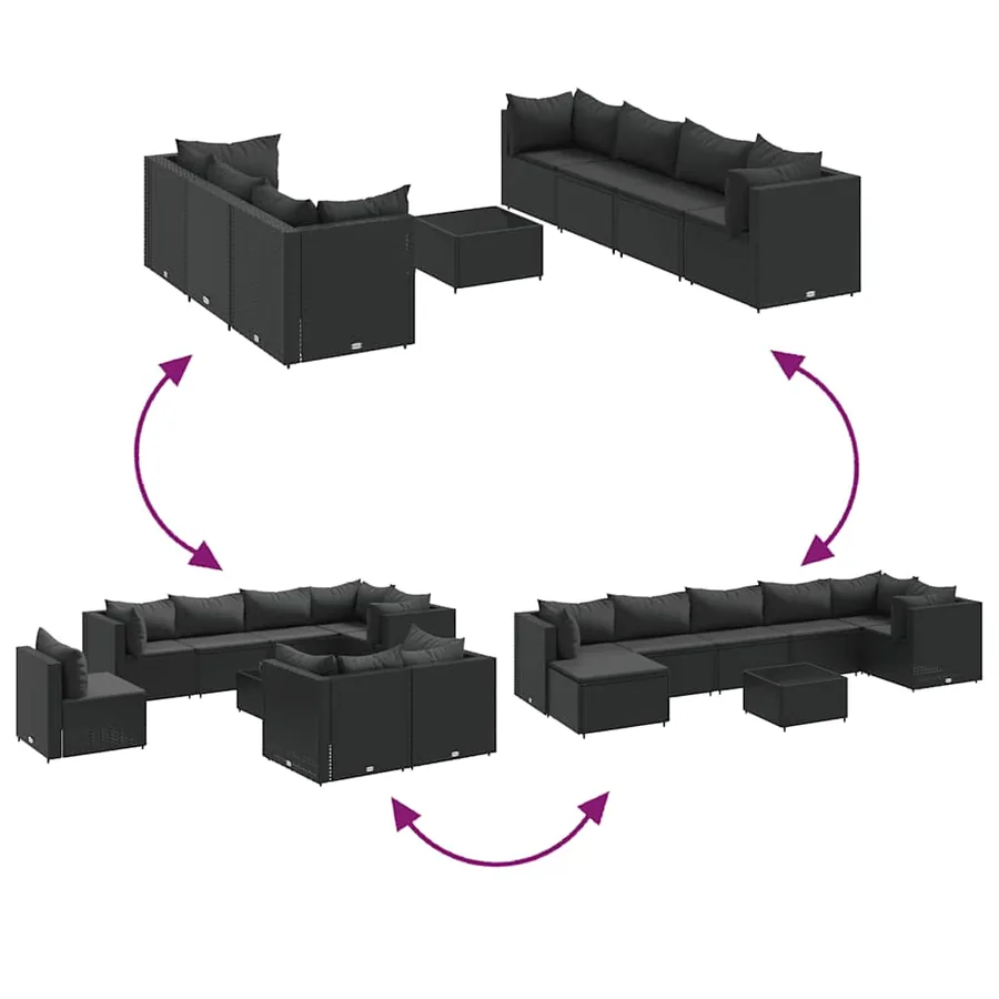 Salon de jardin 8 pcs avec coussins noir résine tressée - 7