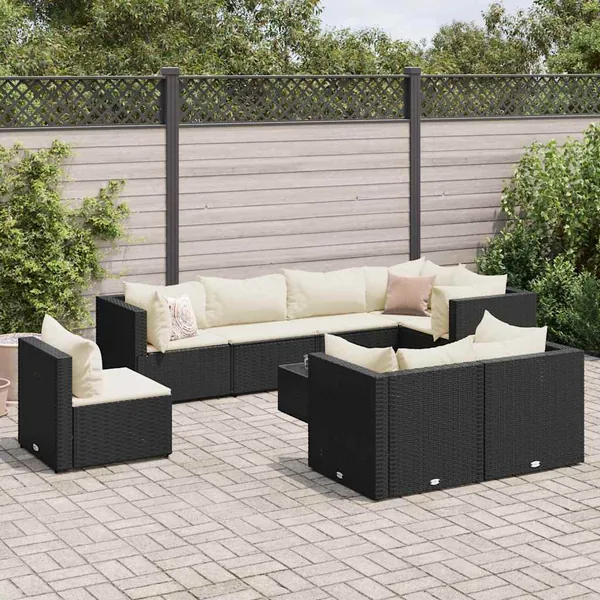 Salon de jardin 9 pcs avec coussins Noir Résine tressée