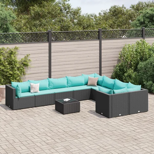 Salon de jardin 10 pcs avec coussins noir résine tressée