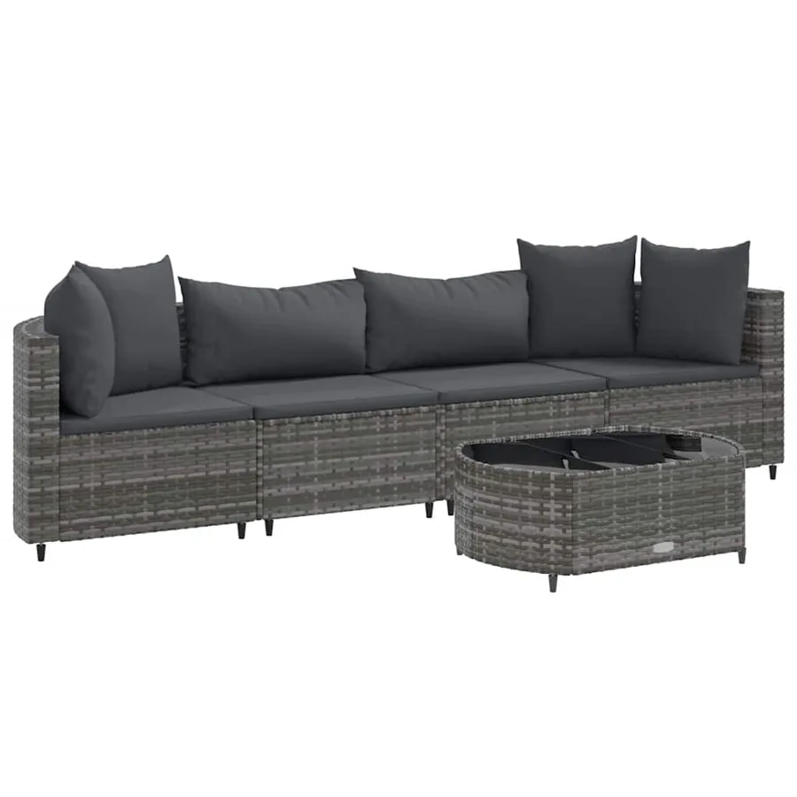 Salon de jardin 5 pcs avec coussins gris résine tressée - 2