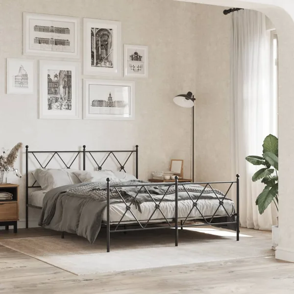 Cadre de lit métal sans matelas avec pied de lit noir 140x200cm
