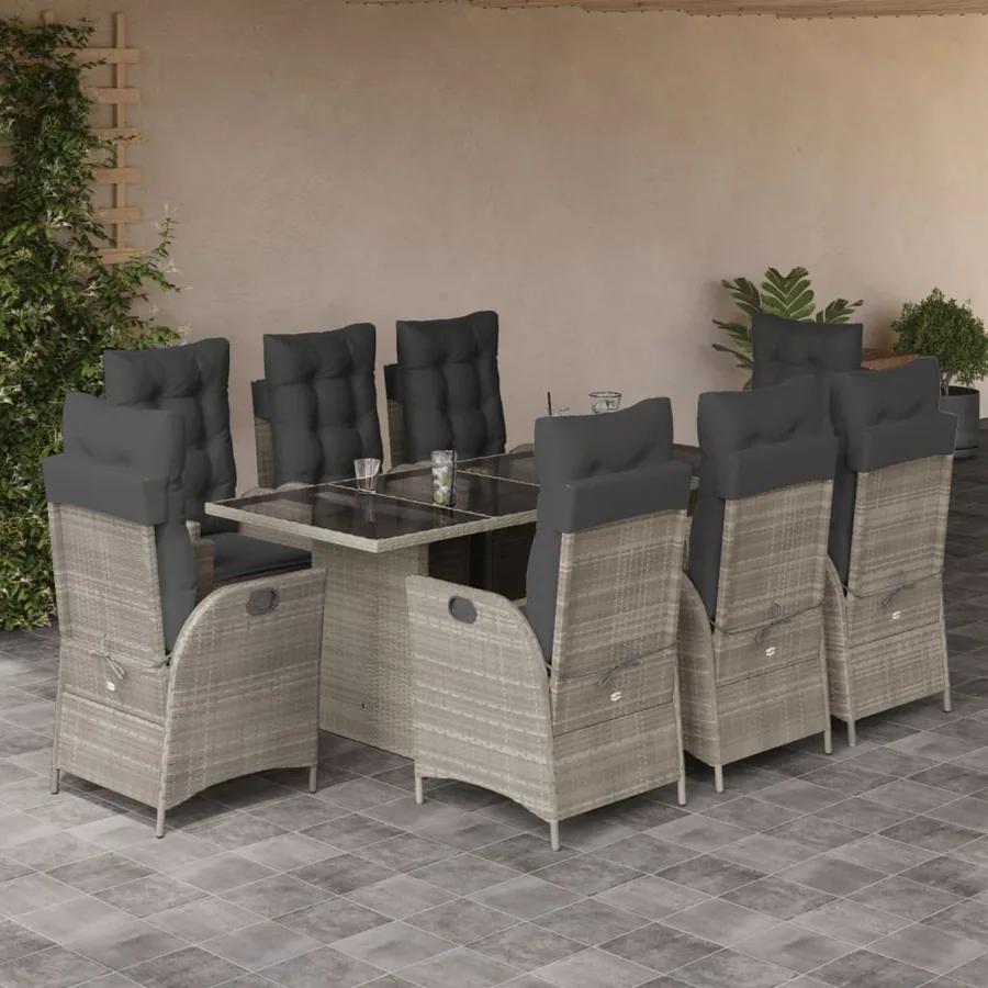 Ensemble à manger de jardin et coussins 9 pcs gris clair rotin