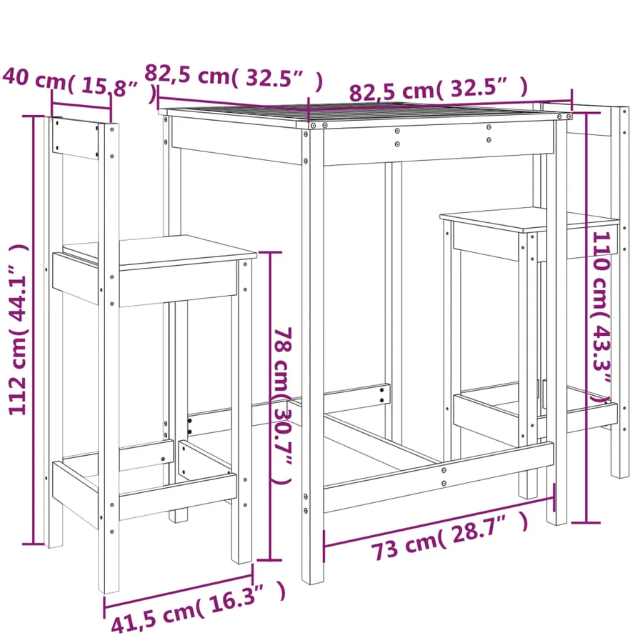 Ensemble de bar de jardin 3 pcs blanc bois de pin massif - 9