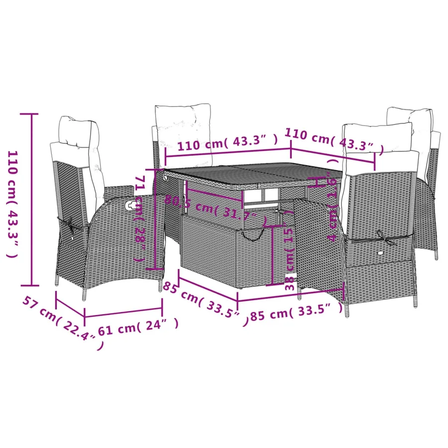 Ensemble à manger de jardin avec coussins 5pcs Beige poly rotin - 8
