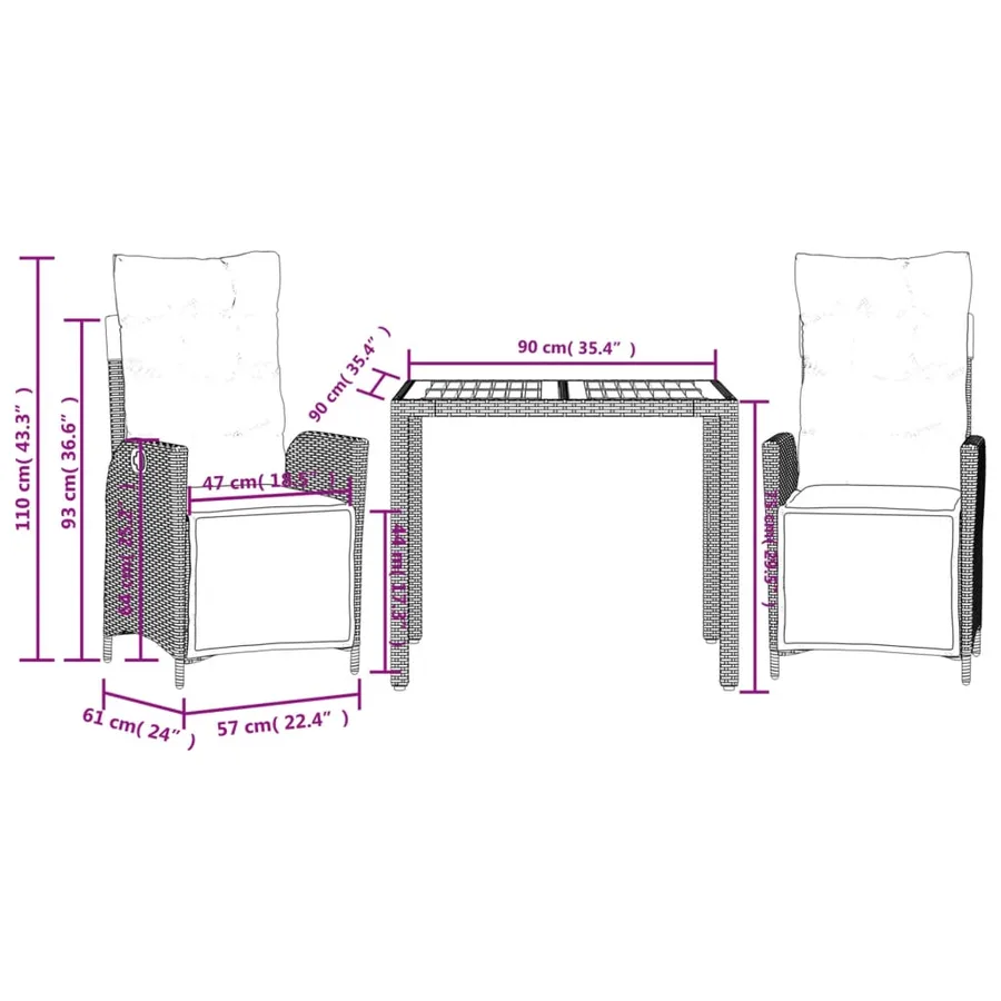 Ensemble à manger de jardin avec coussins 3 pcs Noir - 9