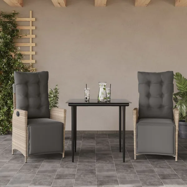 Ensemble à manger de jardin 3pcs coussins gris clair poly rotin