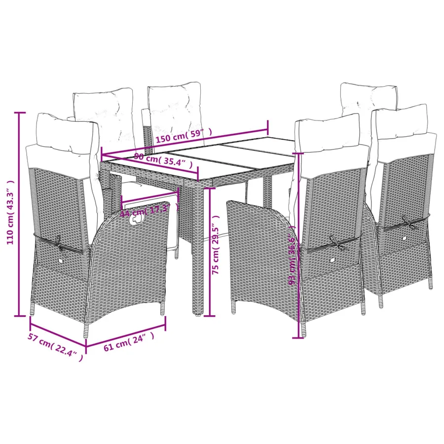 Ensemble à manger de jardin et coussins 7 pcs gris rotin - 12