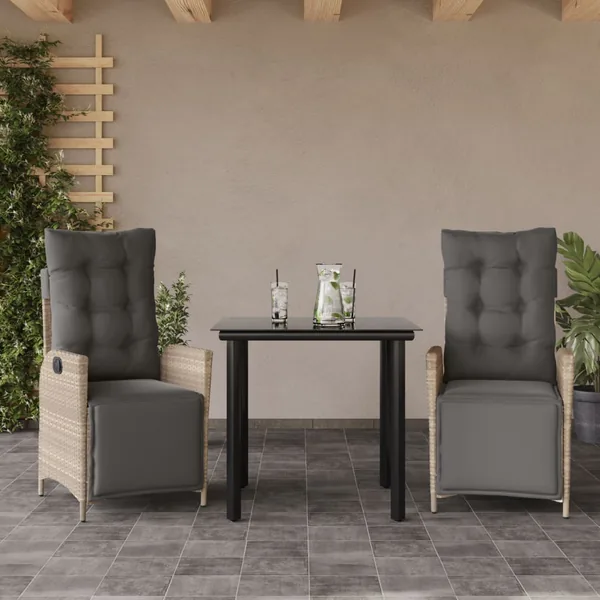 Ensemble à manger de jardin 3pcs coussins gris clair poly rotin