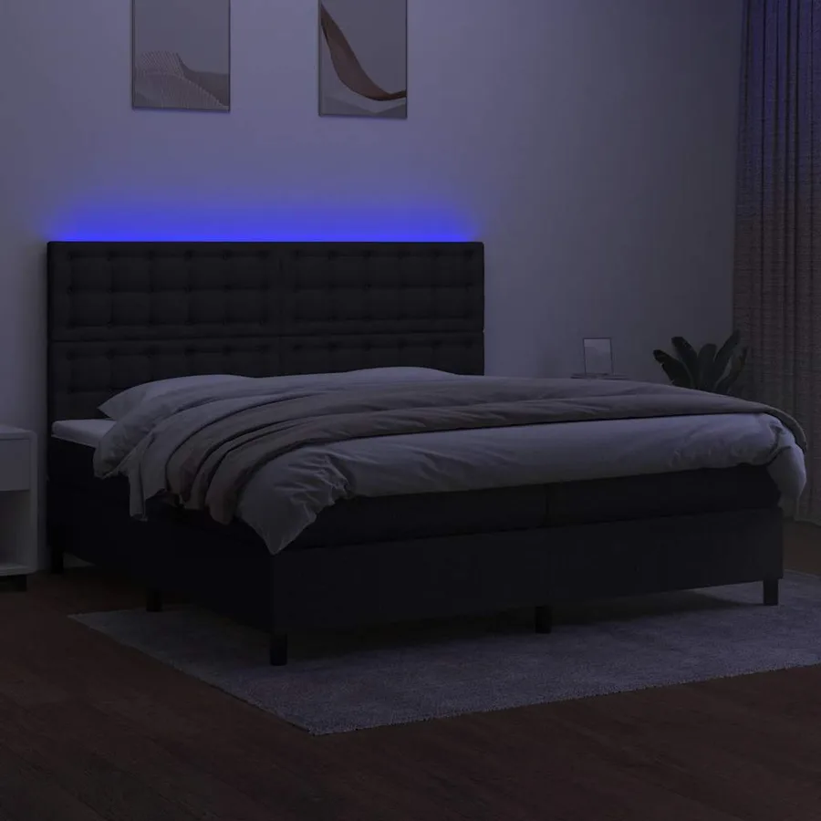 Sommier à lattes de lit et matelas et LED Noir 200x200 cm Tissu - 4
