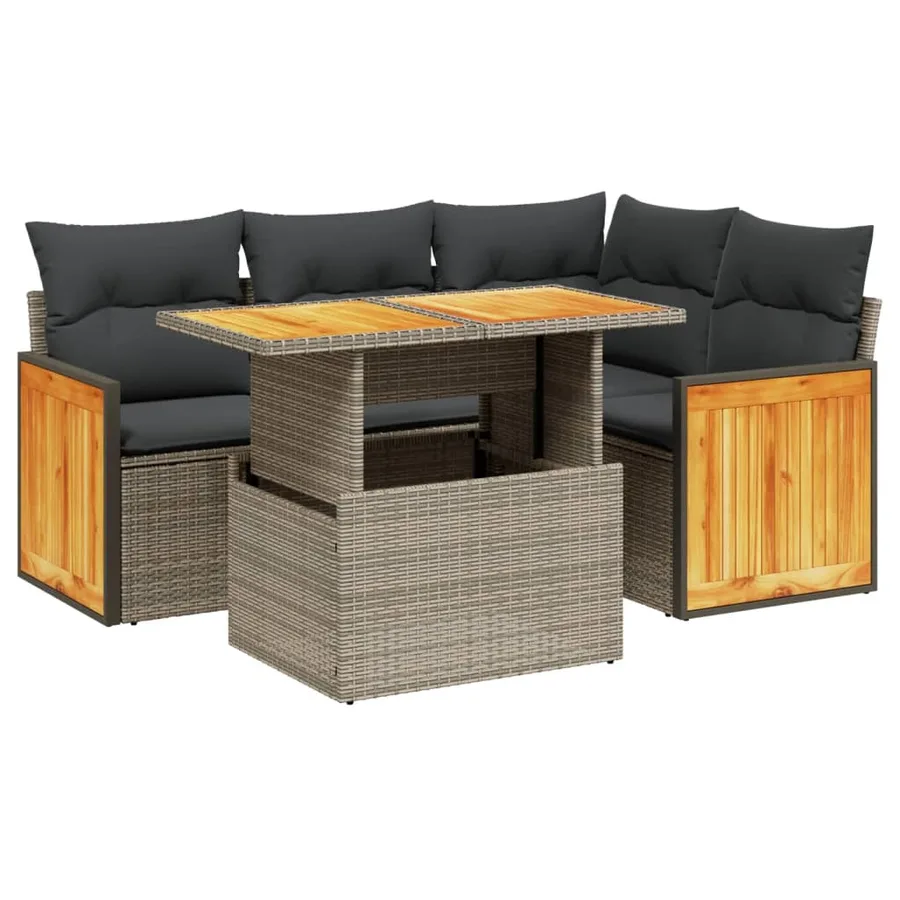 Salon de jardin 5 pcs avec coussins gris résine tressée - 2