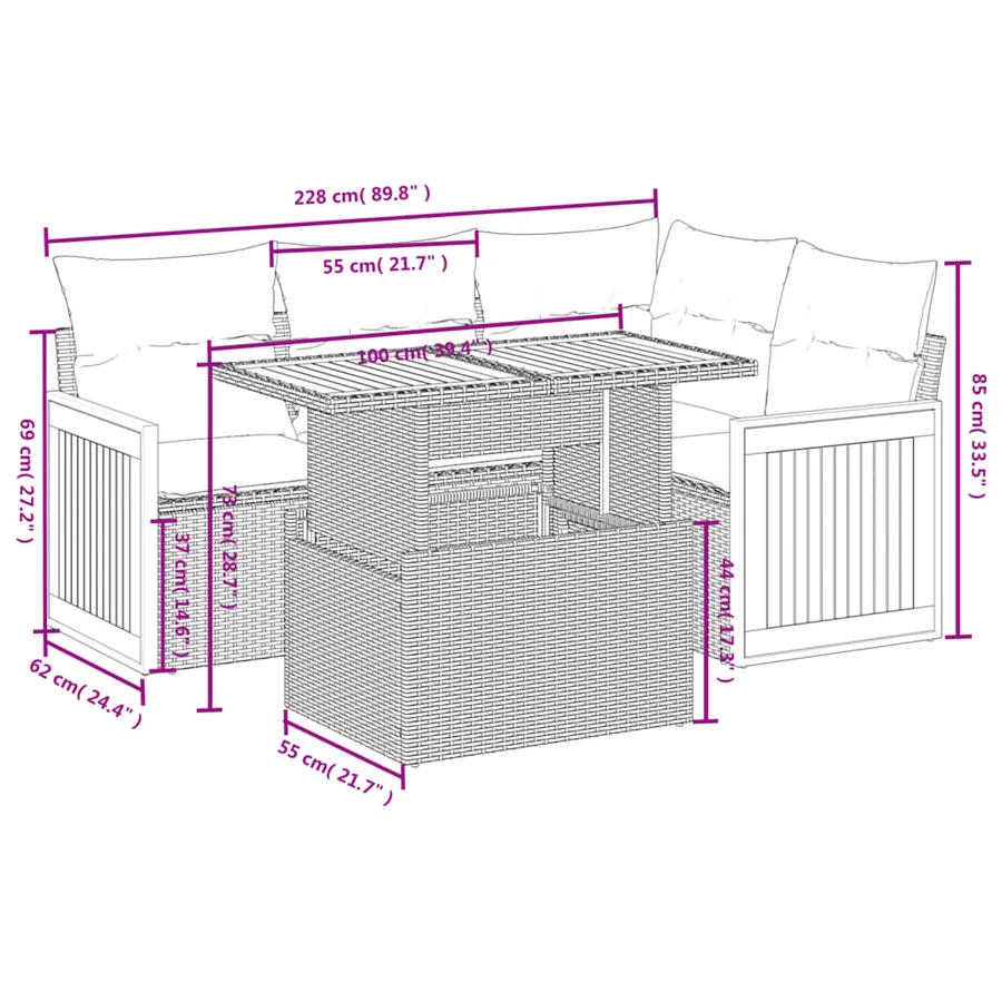Salon de jardin 5 pcs avec coussins gris résine tressée - 3