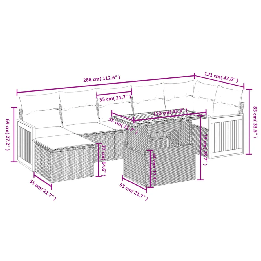 Salon de jardin 8 pcs avec coussins gris résine tressée - 3