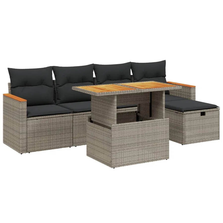 Salon de jardin 6 pcs avec coussins gris résine tressée - 2