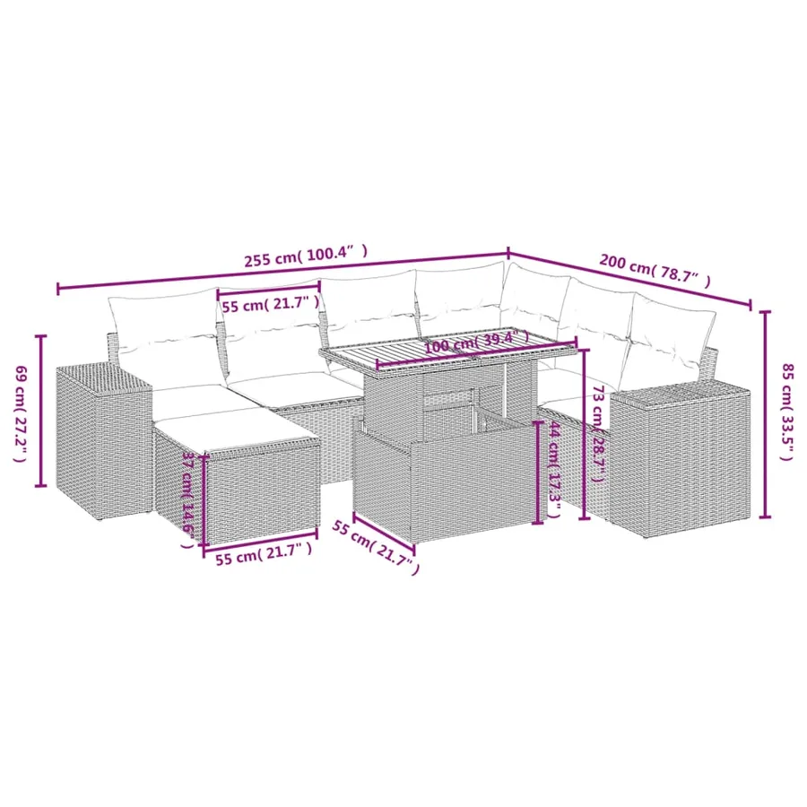 Salon de jardin 8 pcs avec coussins gris résine tressée - 4