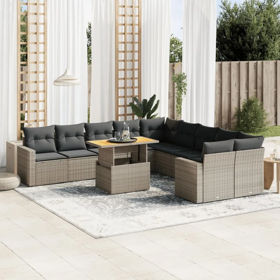 Salon de jardin 11 pcs avec coussins gris résine tressée