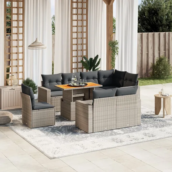 Salon de jardin 9 pcs avec coussins gris résine tressée
