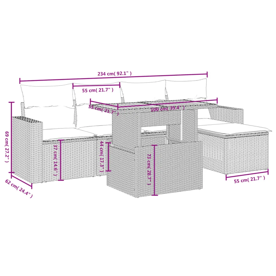Salon de jardin 6 pcs avec coussins gris résine tressée - 3