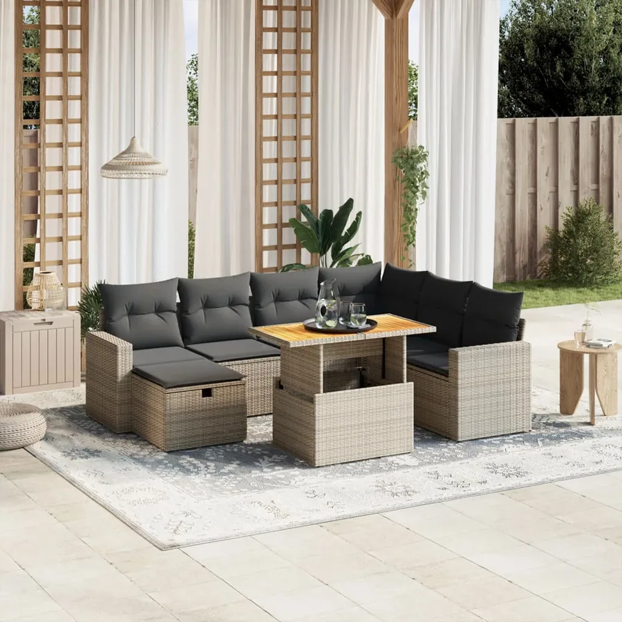 Salon de jardin 8 pcs avec coussins gris résine tressée