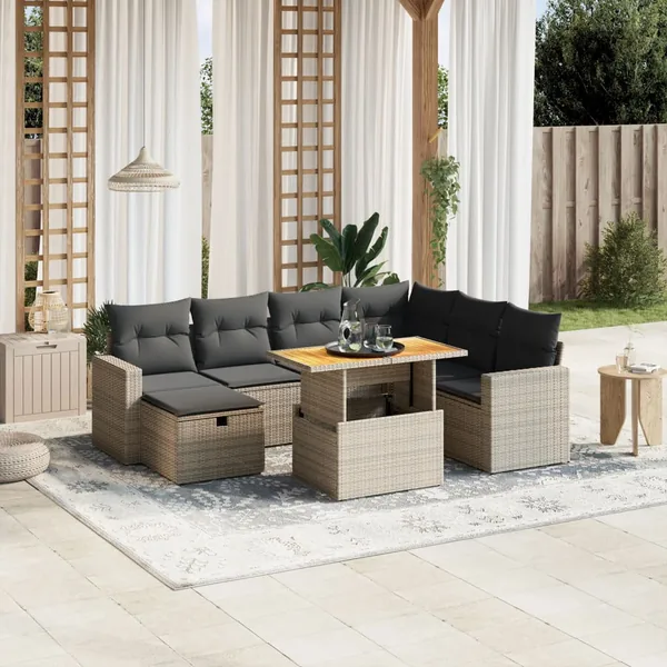 Salon de jardin 8 pcs avec coussins gris résine tressée