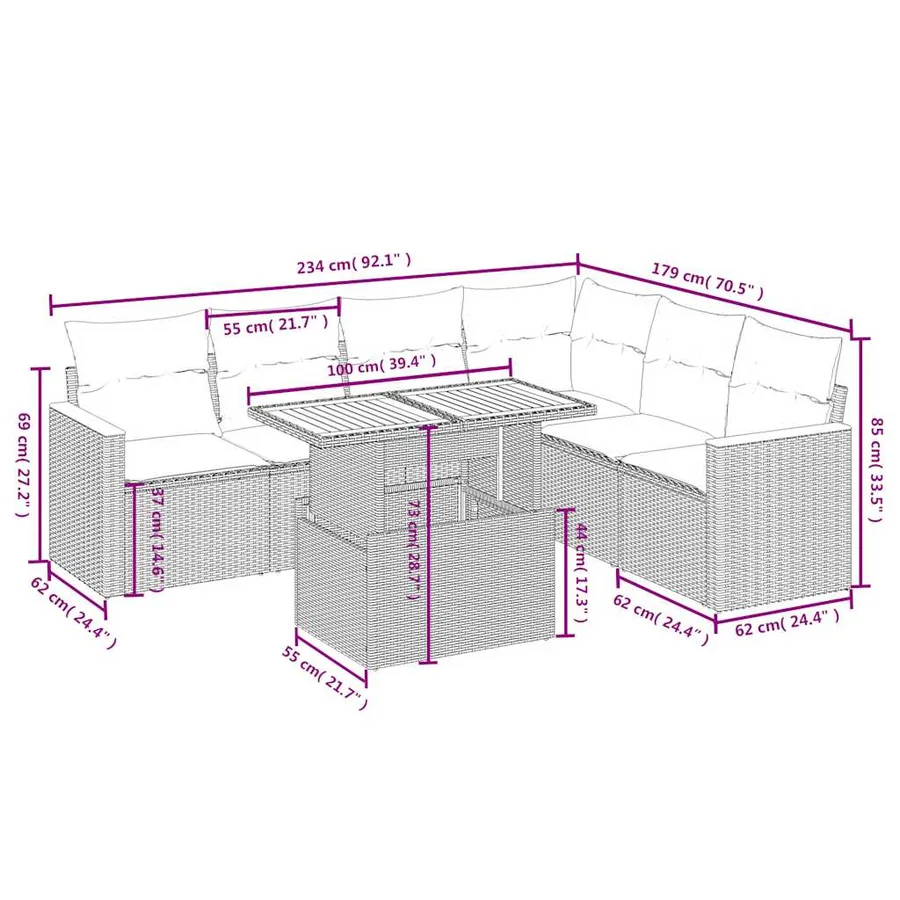 Salon de jardin avec coussins 7 pcs gris résine tressée - 3