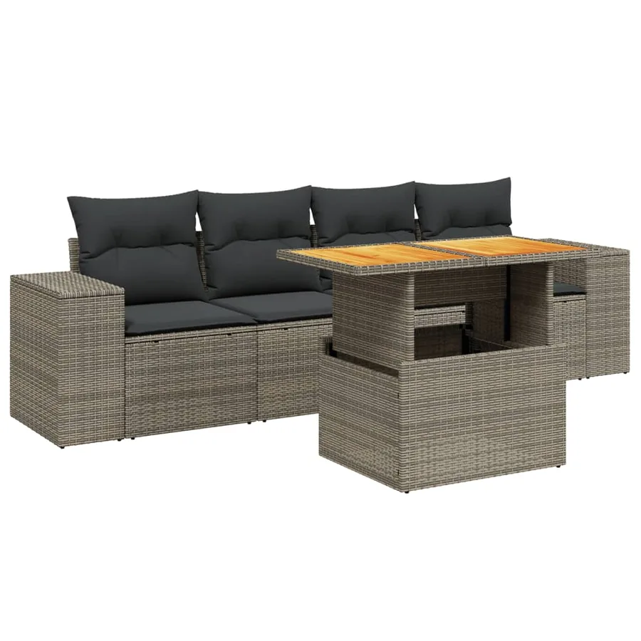 Salon de jardin 5 pcs avec coussins gris résine tressée - 2