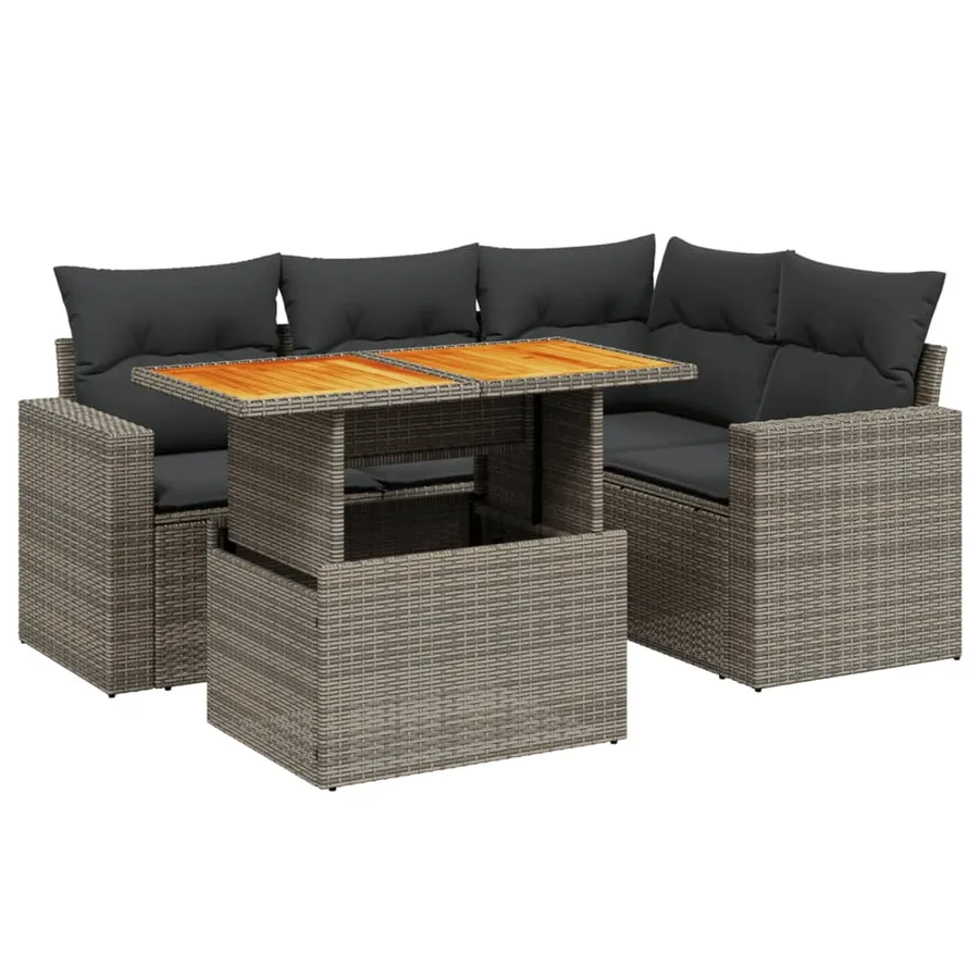 Salon de jardin 5 pcs avec coussins gris résine tressée - 2