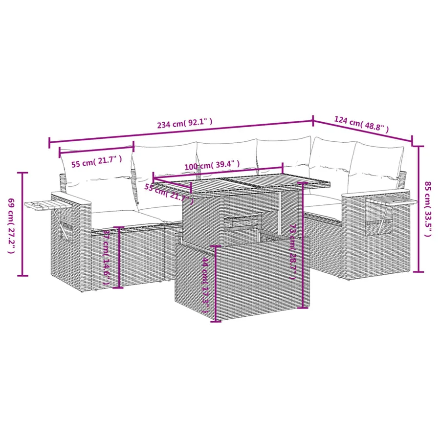 Salon de jardin 6 pcs avec coussins gris résine tressée - 3