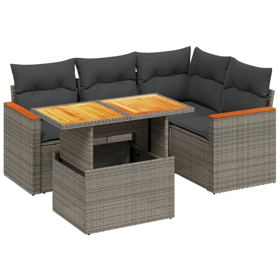 Salon de jardin 5 pcs avec coussins gris résine tressée - 2