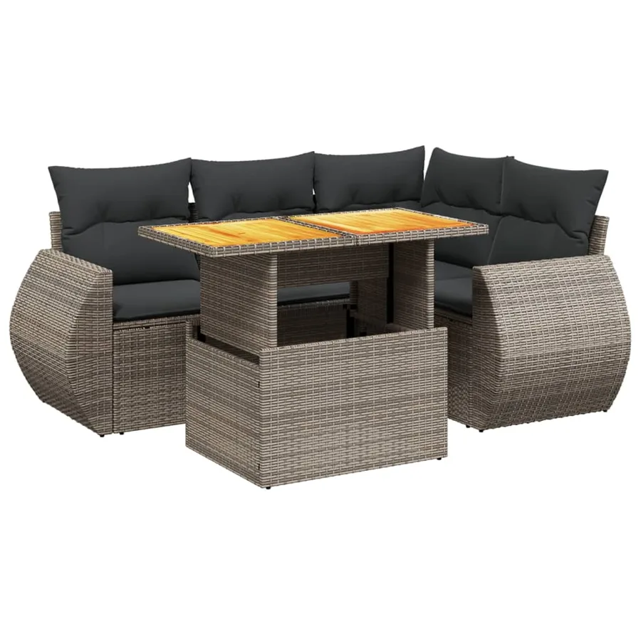 Salon de jardin 5 pcs avec coussins gris résine tressée - 2