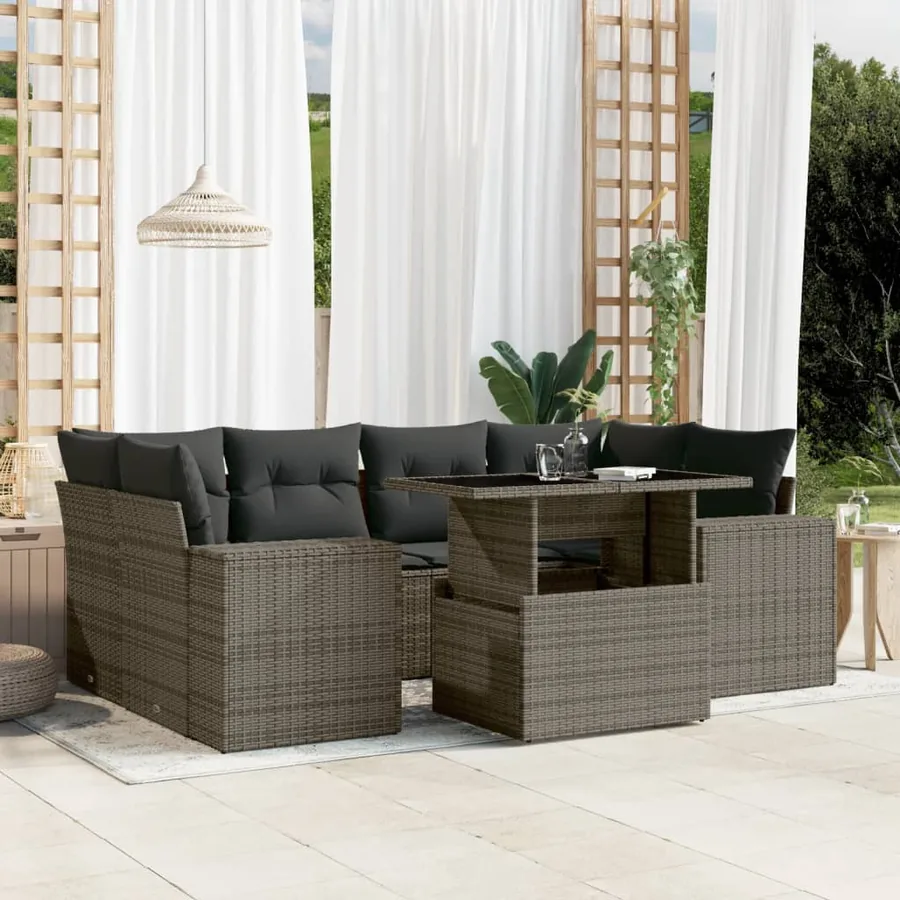 Salon de jardin avec coussins 7 pcs gris résine tressée