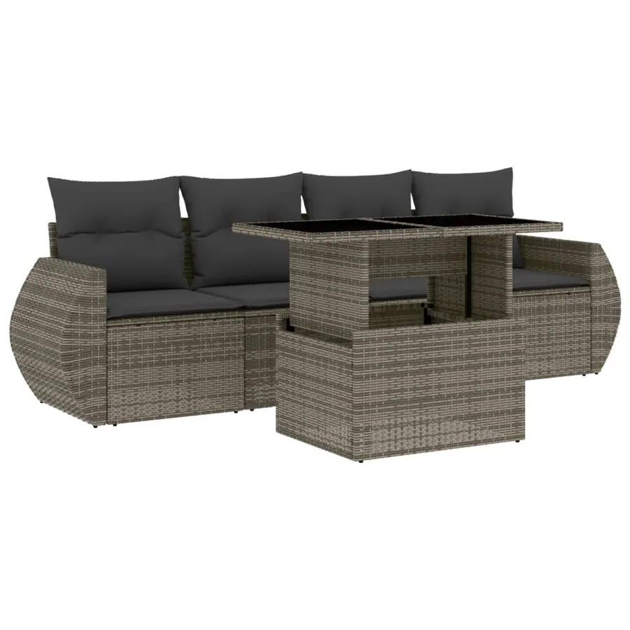 Salon de jardin 5 pcs avec coussins gris résine tressée - 2