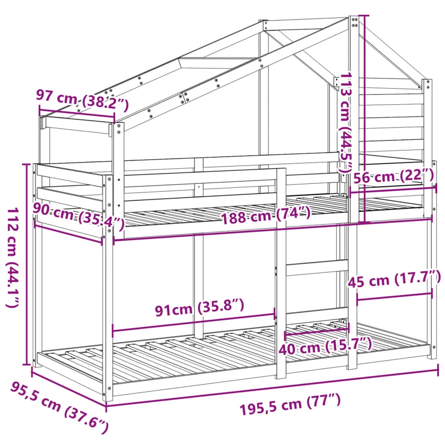Lit superposé sans matelas 90x190 cm bois de pin massif - 12