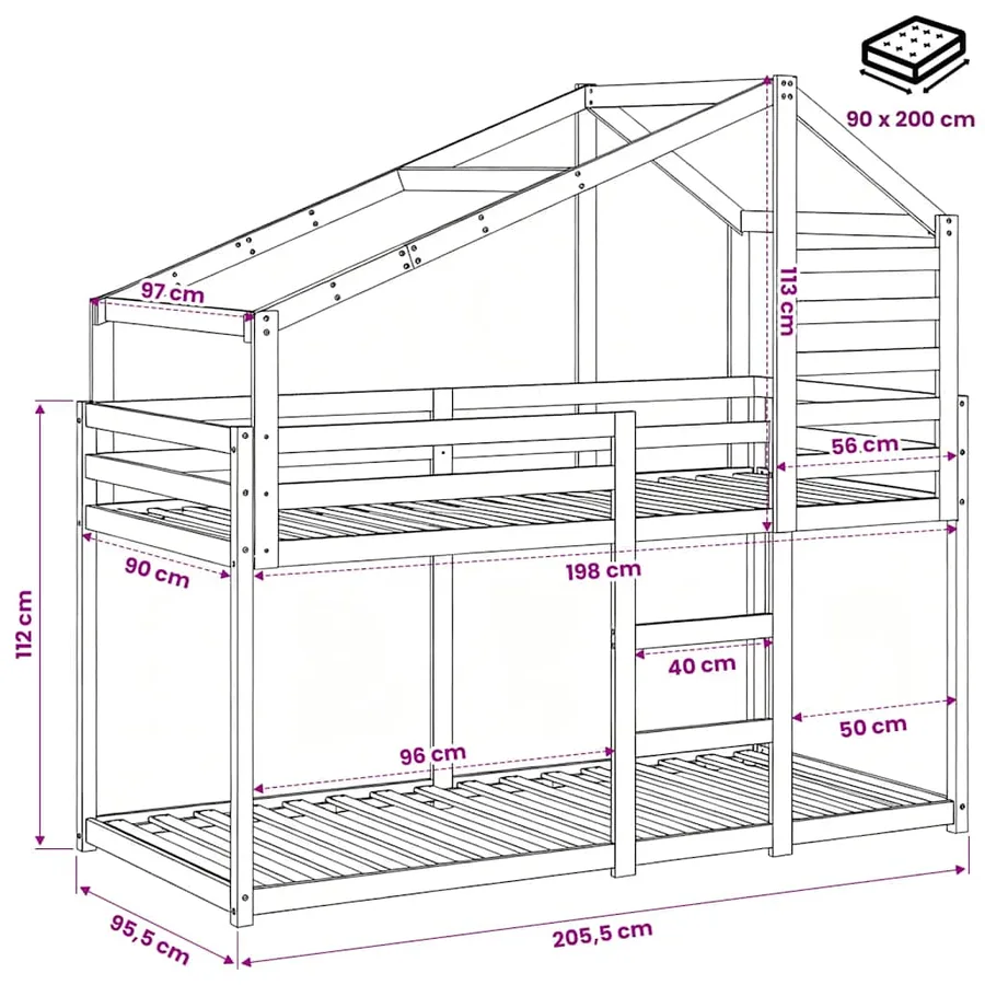 Lit superposé sans matelas 90x200 cm bois de pin massif - 12