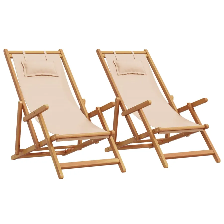 Chaises de plage pliantes lot de 2 beige tissu et bois massif - 2