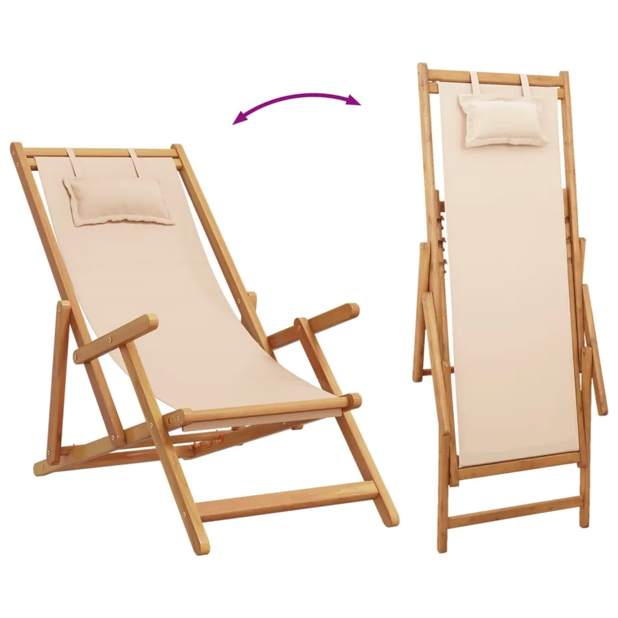 Chaises de plage pliantes lot de 2 beige tissu et bois massif - 7