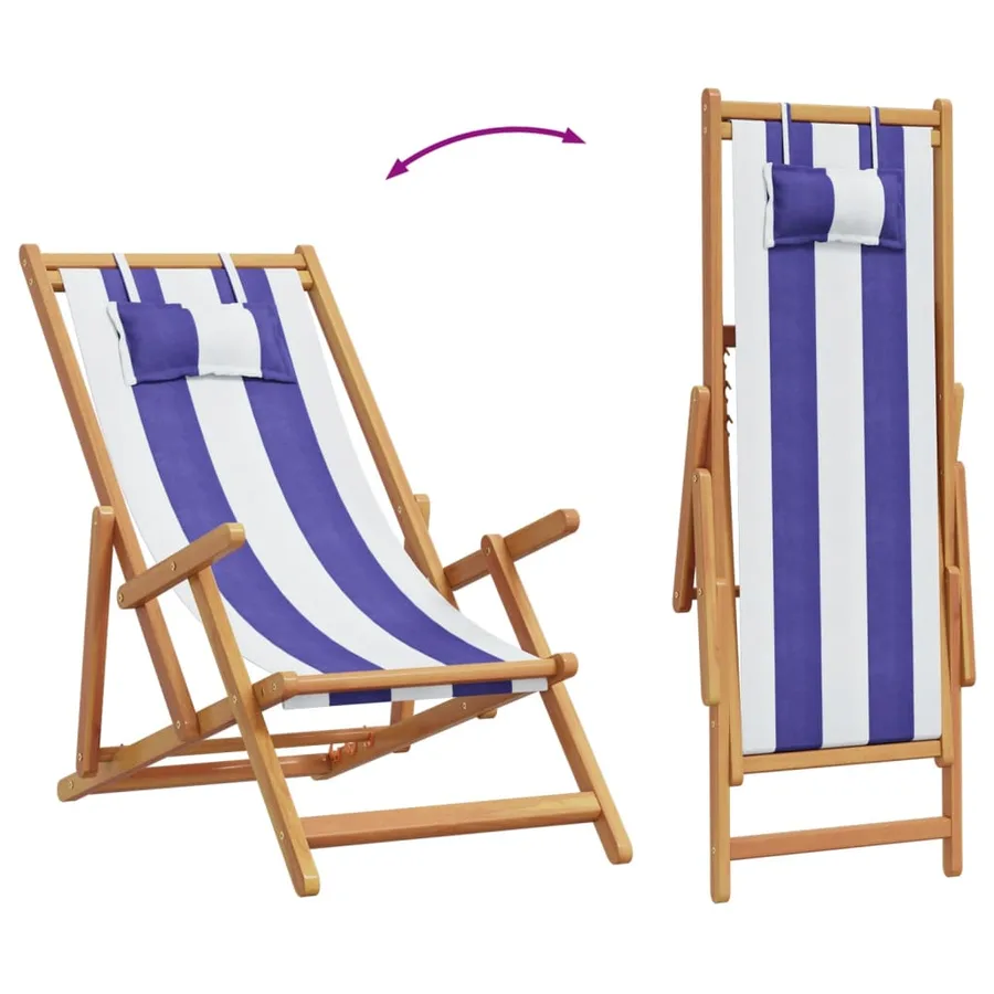 Chaise de plage pliable bleu et blanc bois d'eucalyptus/tissu - 7