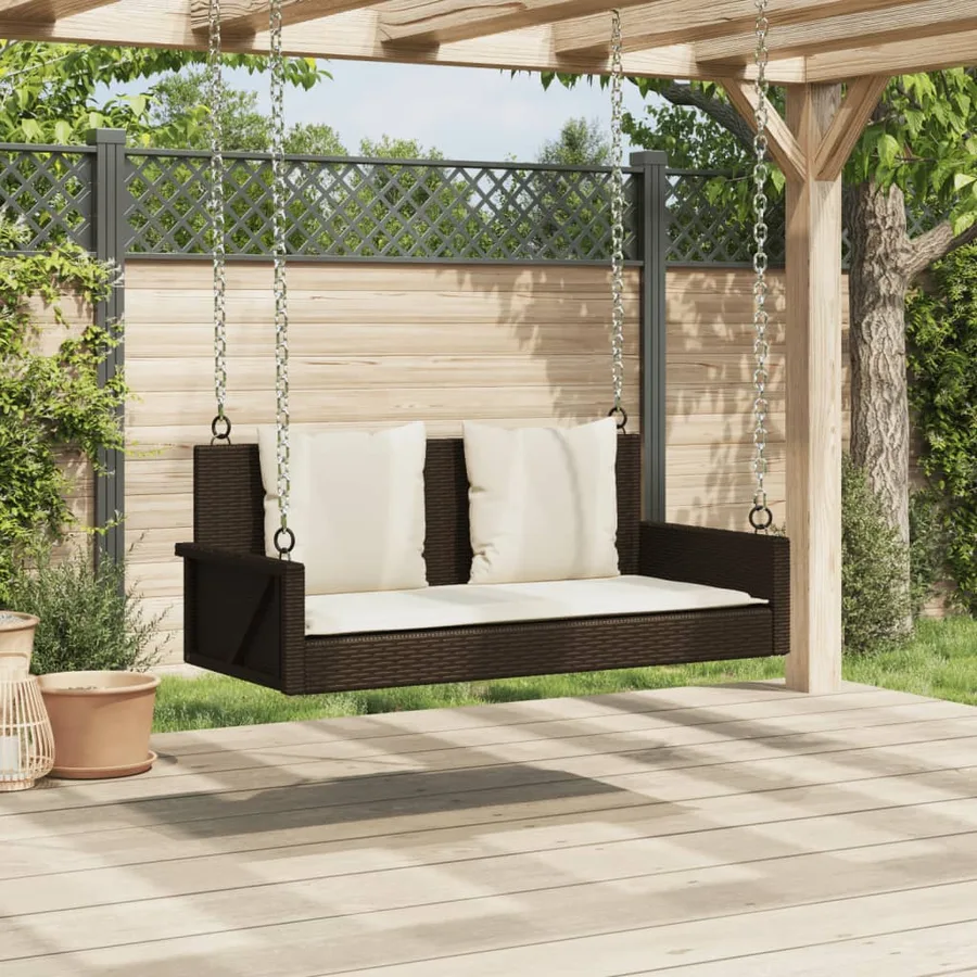 Balancelle avec coussins marron 119x56x48 cm résine tressée - 3