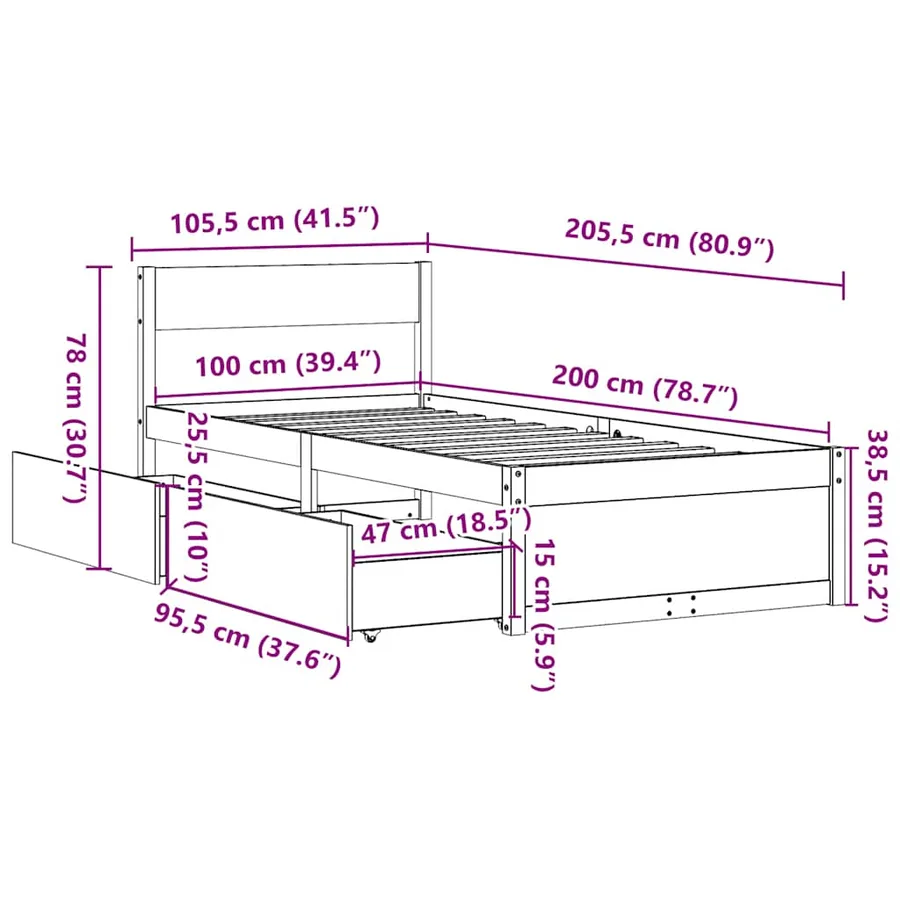 Cadre de lit sans matelas blanc 100x200 cm bois de pin massif - 10