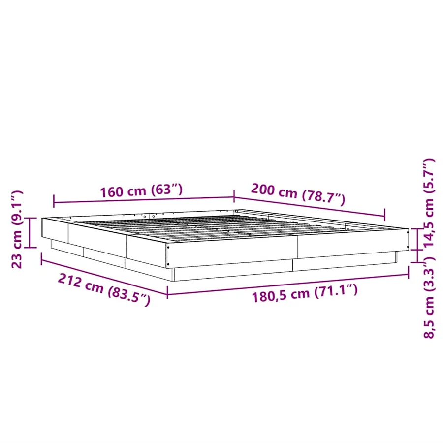 Cadre de lit et lumières LED sans matelas sonoma gris 160x200cm - 14