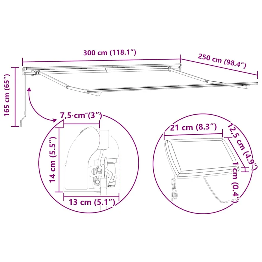 Auvent manuel rétractable avec LED anthracite blanc 300x250 cm - 16