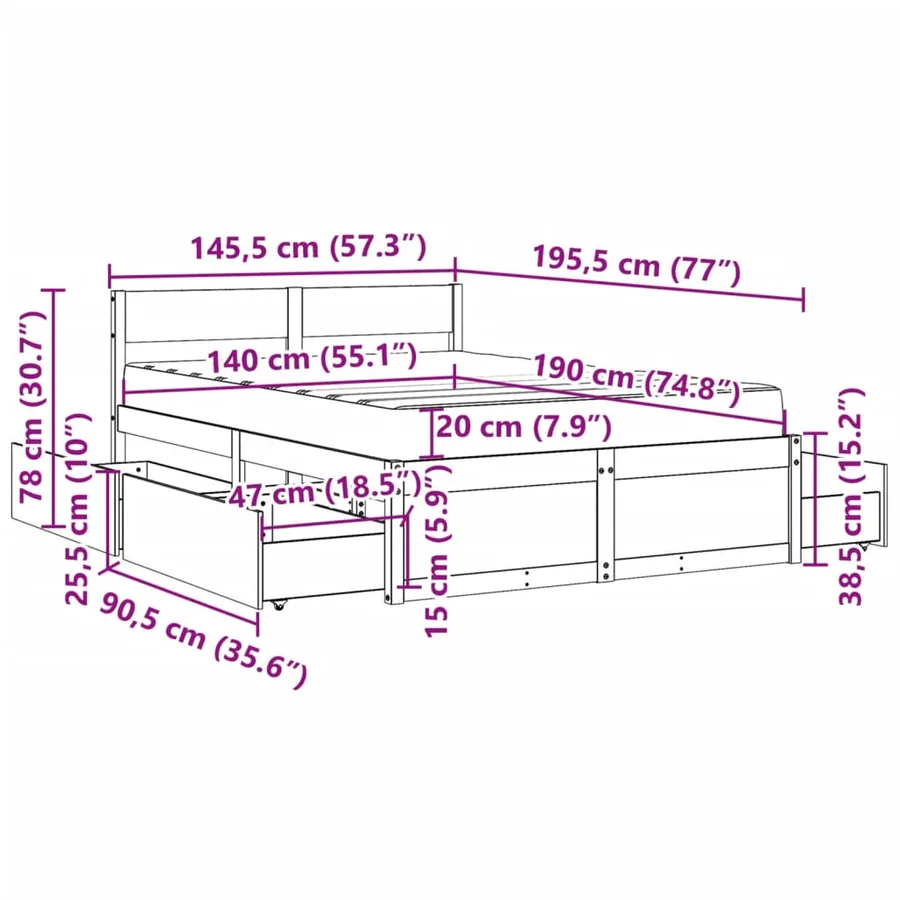 Lit avec tiroirs et matelas blanc 140x190 cm bois massif de pin - 14