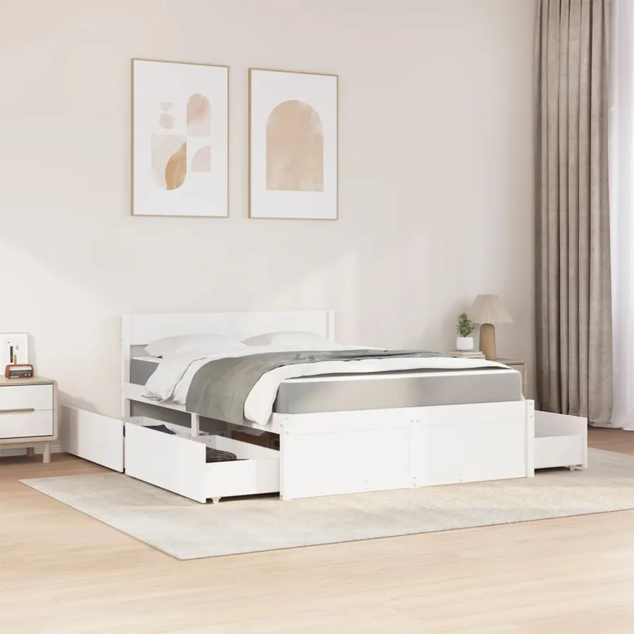 Lit avec tiroirs et matelas blanc 140x190 cm bois massif de pin - 3