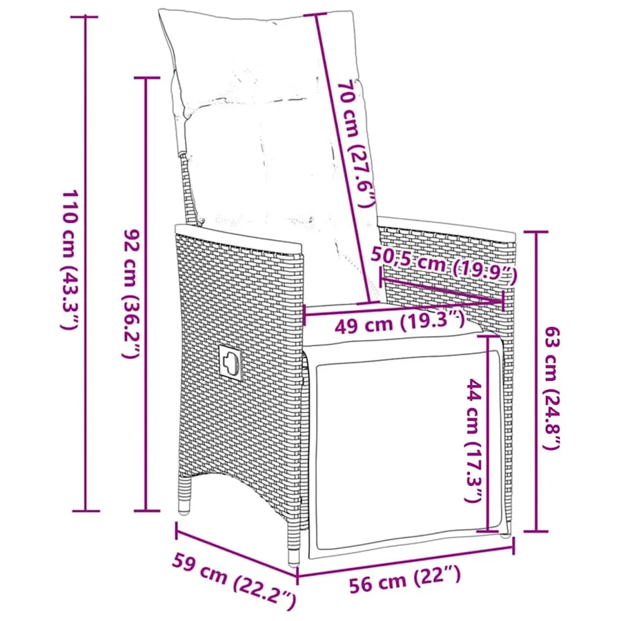 Chaises inclinables de jardin lot de 2 et coussins gris rotin - 11
