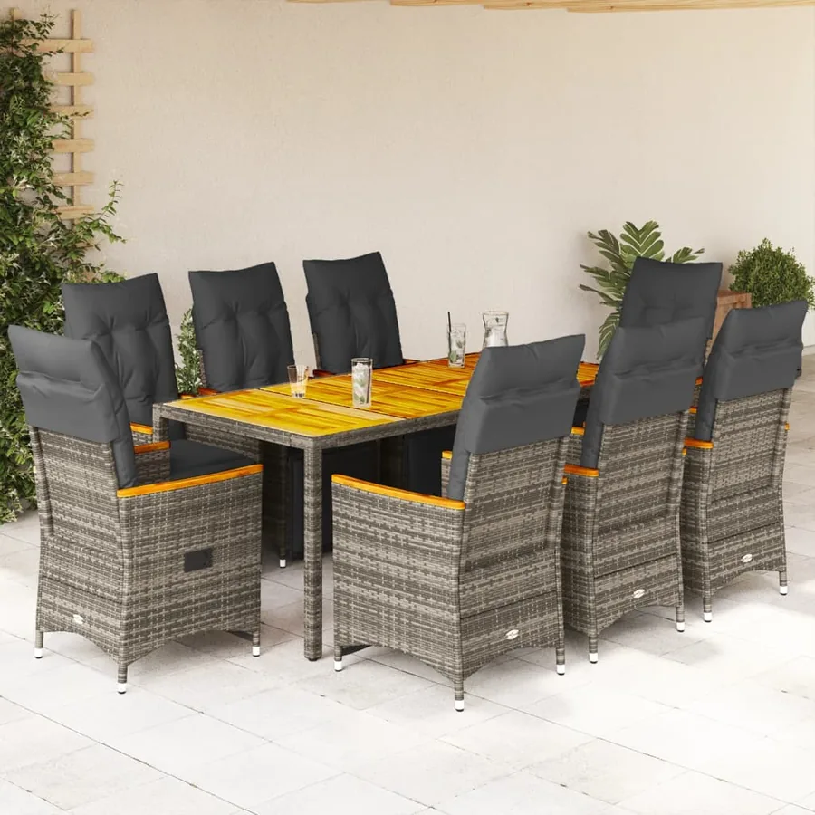 Ensemble de bistro de jardin 9 pcs coussins gris poly rotin