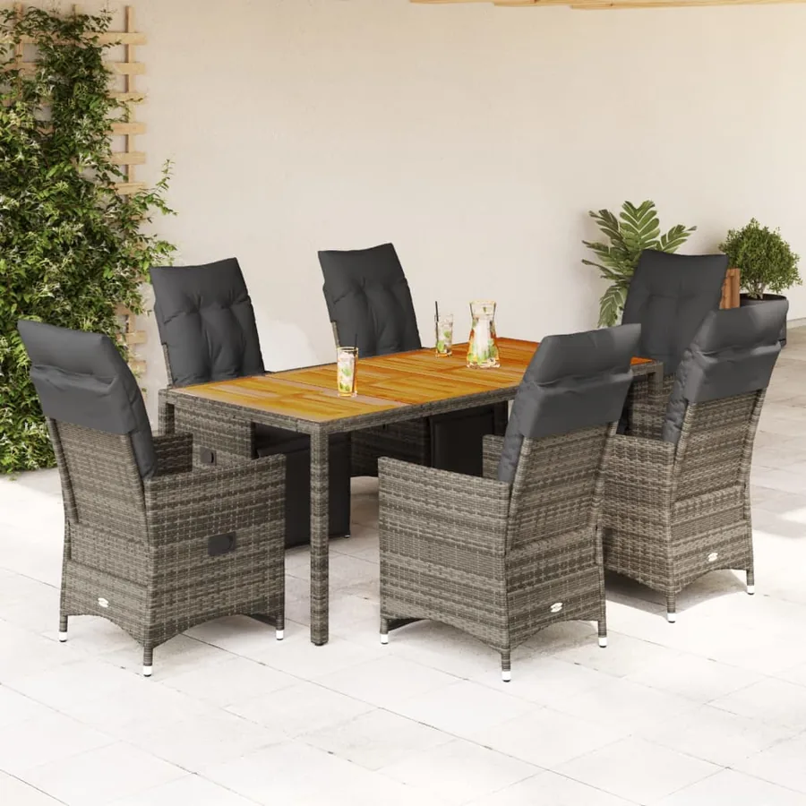 Ensemble de bistro de jardin 7 pcs coussins gris poly rotin