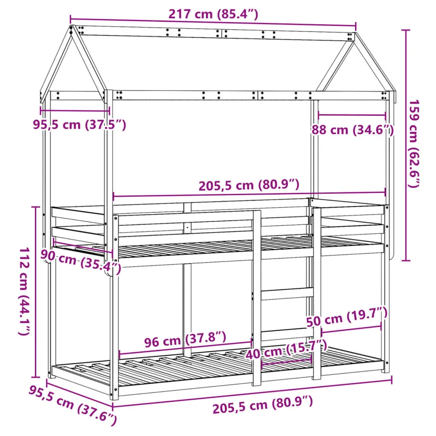 Lit superposé sans matelas 90x200 cm bois de pin massif - 12
