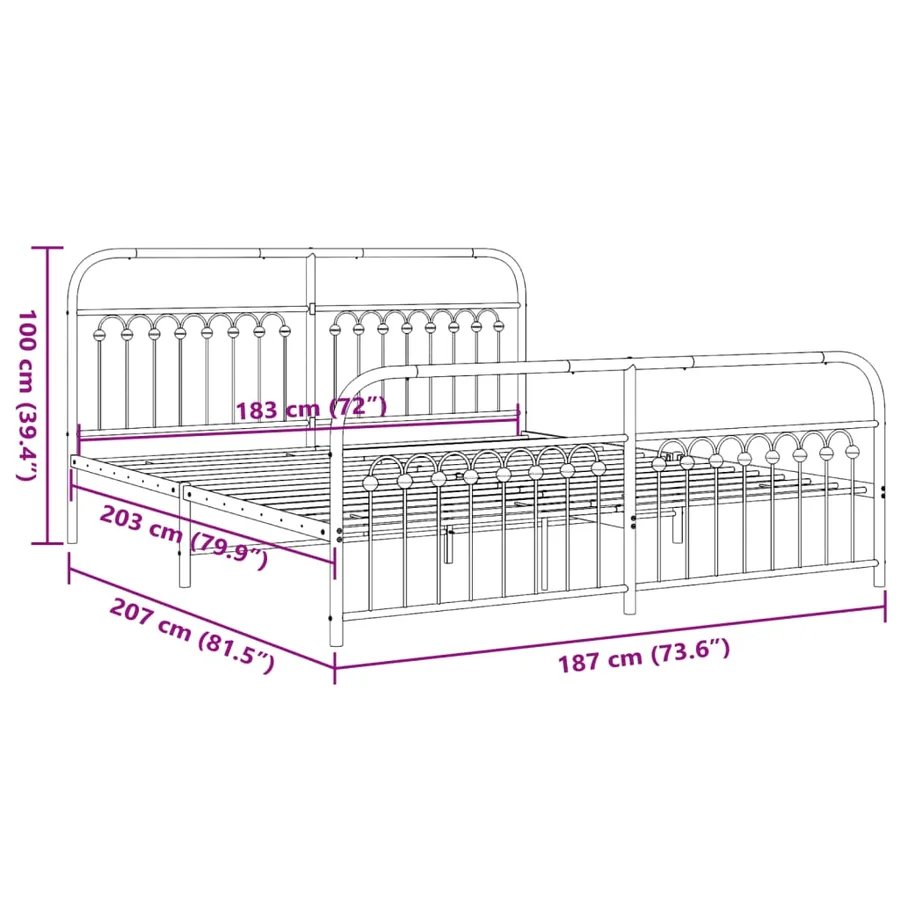 Cadre de lit métal sans matelas et pied de lit blanc 183x203 cm - 8
