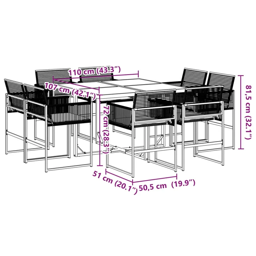 Ensemble à manger de jardin 9pcs coussins noir résine tressée - 8