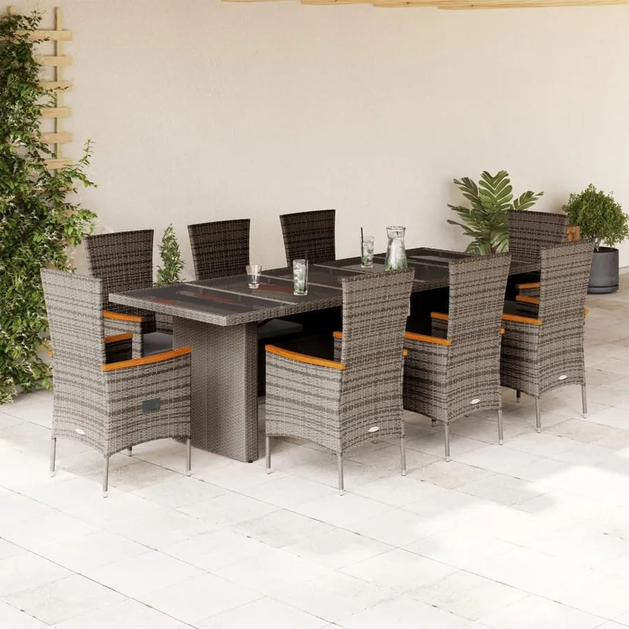 Ensemble à manger de jardin 9 pcs coussins gris résine tressée