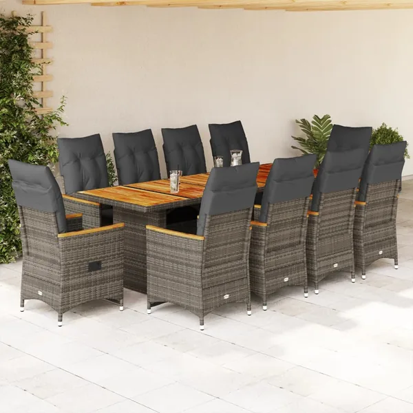 Ensemble de bistro de jardin 11 pcs coussins gris poly rotin